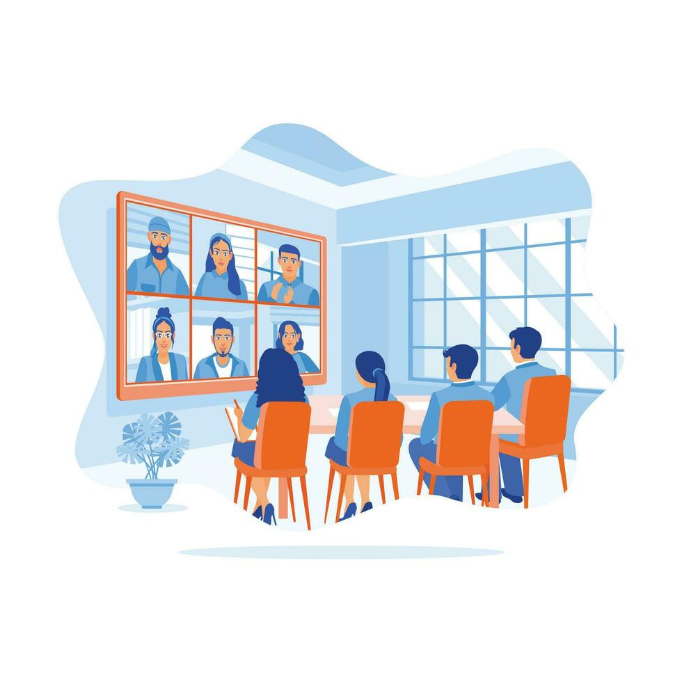 Diverse businesspeople are sitting together in the meeting room. Conducting online video conferences with business colleagues on the monitor screen. Discuss Information concept. vector