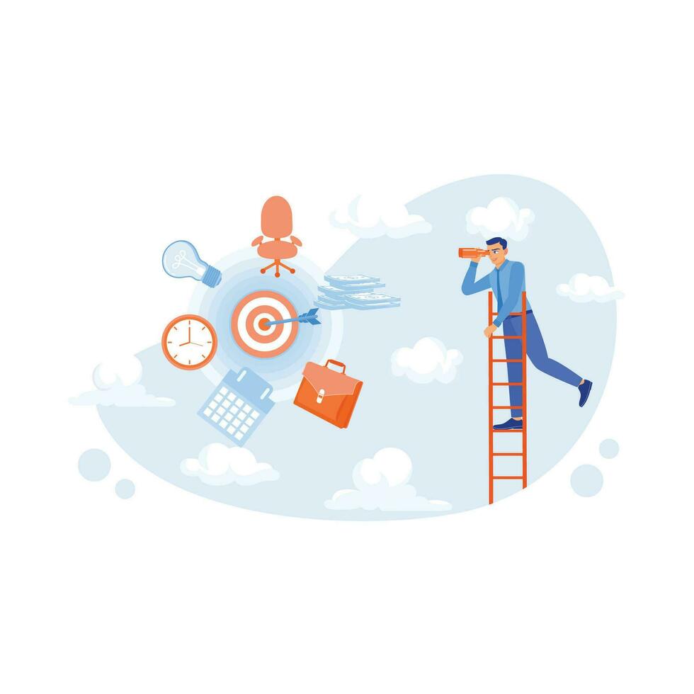 A businessman standing on stairs looking into the distance using a telescope. Business icons are floating in the air. Career Development Concept. Trend Modern vector flat illustration