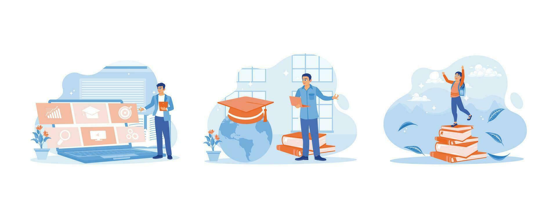 distancia educación Internet tecnología. graduación sombrero terminado globo mapa. educación concepto. conjunto tendencia moderno vector plano ilustración