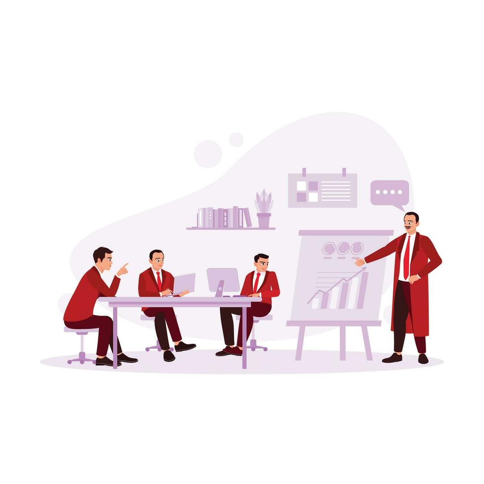 Businessman making project presentation on a flip chart. Businessman giving briefing during a meeting with colleagues in office. Office concept. Trend Modern vector flat illustration