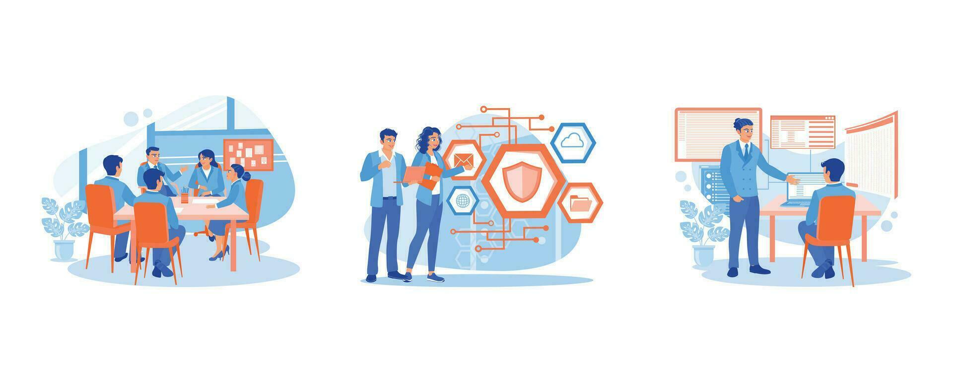 Discuss business ideas. Server Technician and IT Specialist. Programming on computers. Discuss Information concept. set trend modern vector flat illustration