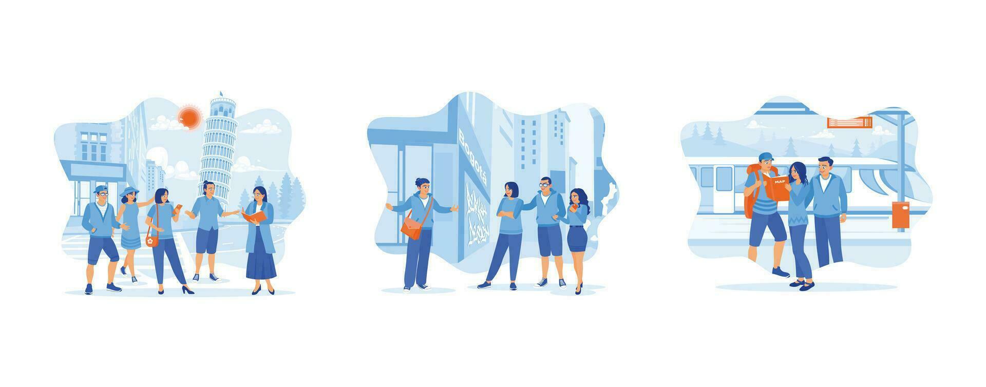 Tourist Guide concept. Sightseeing in Pisa, Italy, during the day. Take a tourist trip during the holiday season. Gather at the train station while looking at the map. vector