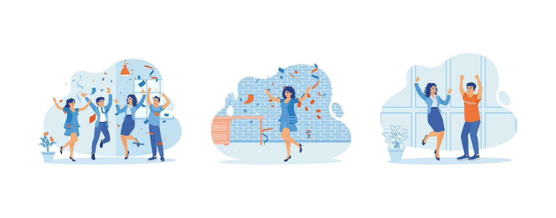 Happy to celebrate a colleague's birthday. They were throwing confetti indoors. Proclaim happy news. Celebration concept. set trend modern vector flat illustration