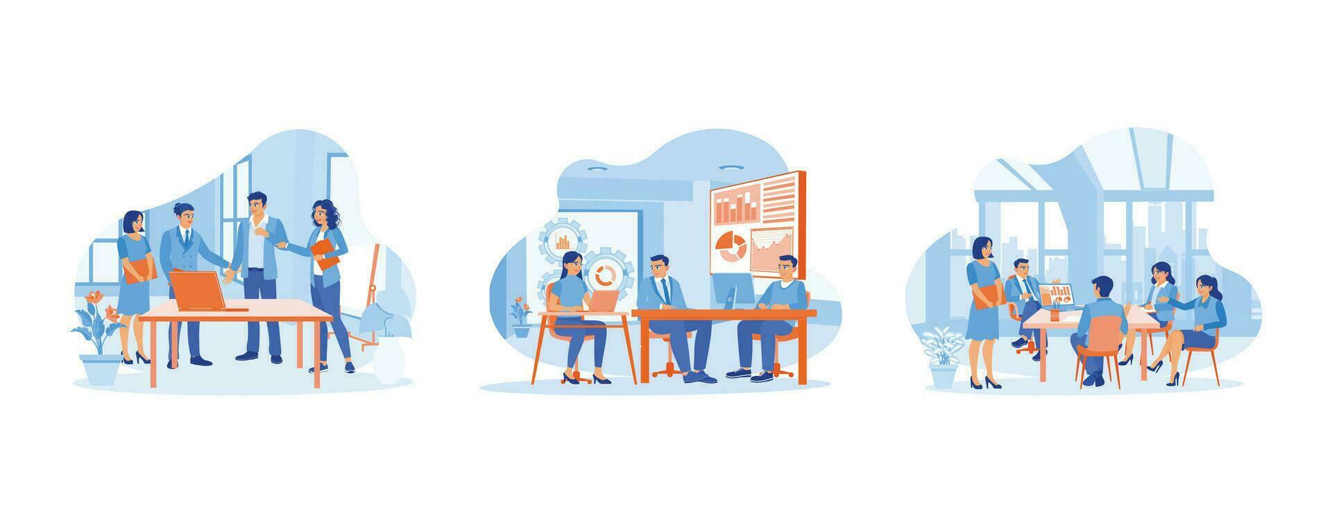 A diverse group of business people working using laptops. Businesswoman leading meeting with business colleagues in office. vector
