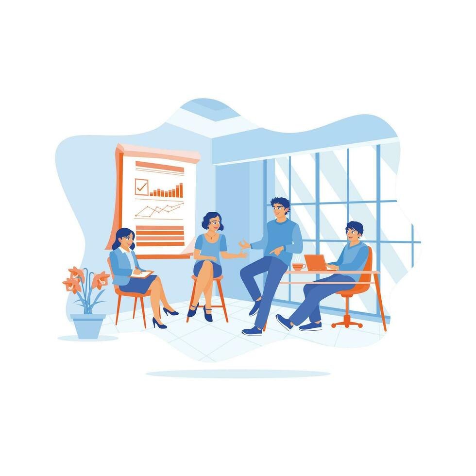 Diverse and happy colleagues are sitting together in the meeting room. Exchange ideas and discuss financial statistics together. Briefings concept. trend modern vector flat illustration