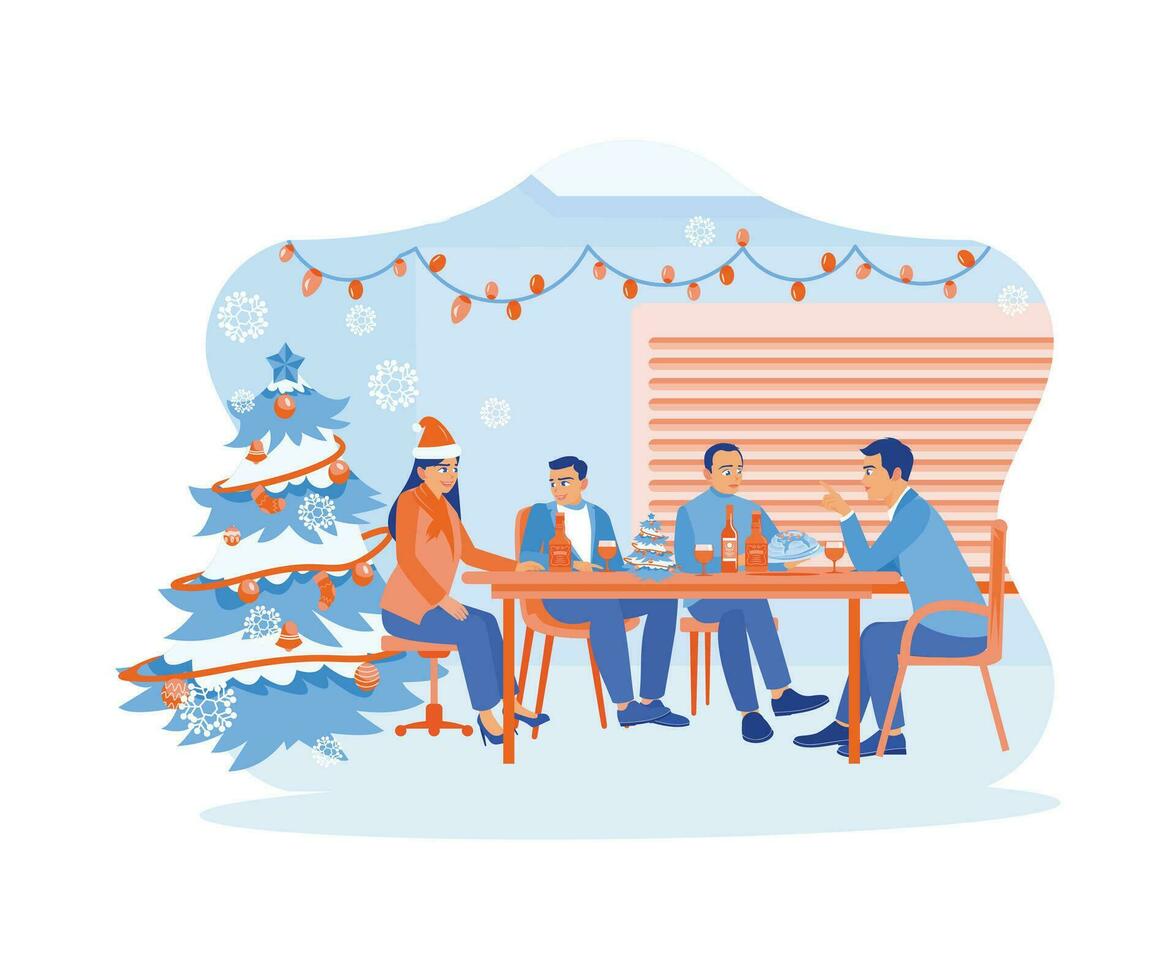 Diverse coworkers sitting together around a wooden table. Celebrate Christmas Eve with dinner together. Christmas Eve concept. Trend Modern vector flat illustration
