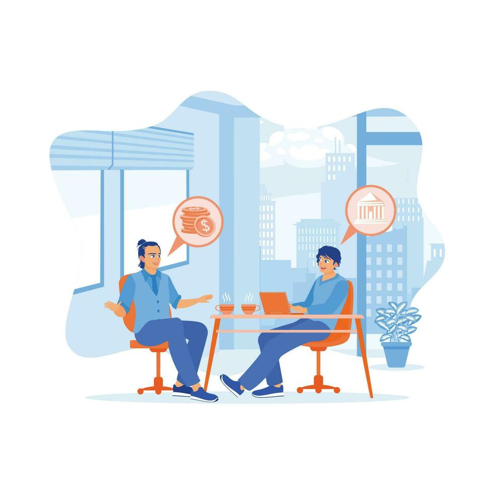 Young businessman and banker sitting on chairs drinking tea together. They discuss the company's financial problems in the office. Discuss Information concept. trend modern vector flat illustration