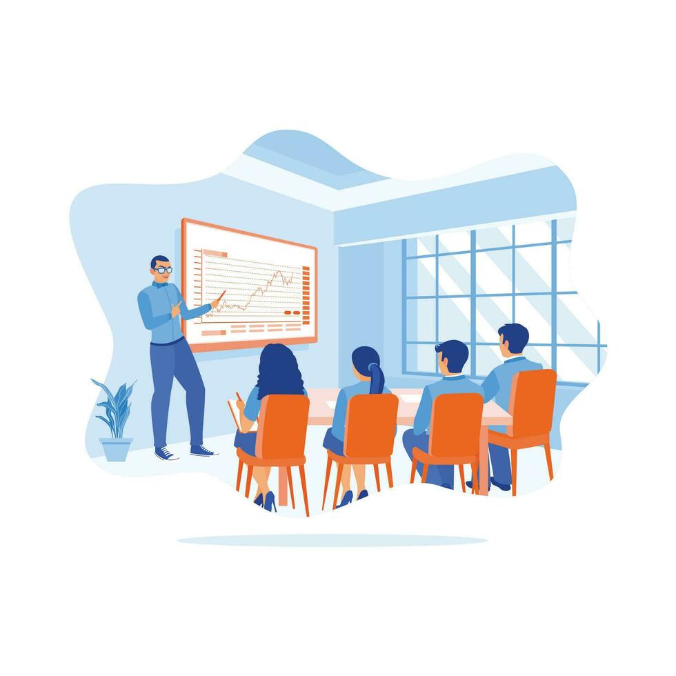 A businessman in glasses is standing next to the projector screen. Deliver educational workshop presentations to employees in the office. Briefings concept. trend modern vector flat illustration