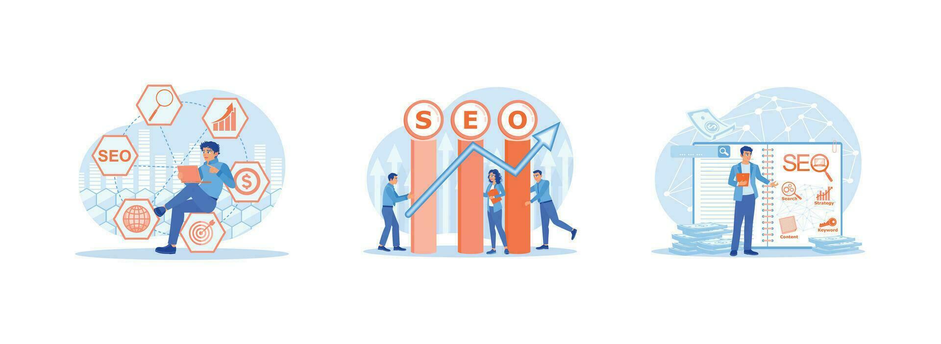 SEO concept. Website traffic ranking marketing. SEO Search Engine Optimization. Take note of the SEO optimization scheme. Set Trend Modern vector flat illustration