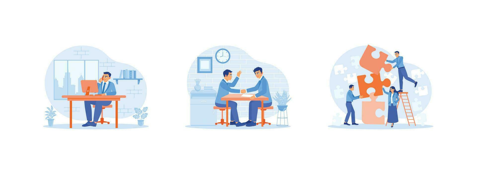 Employee Making concept. A businessman is making a call with a client and congratulating new partners. Discuss and create new business work projects. Set Trend Modern vector flat illustration