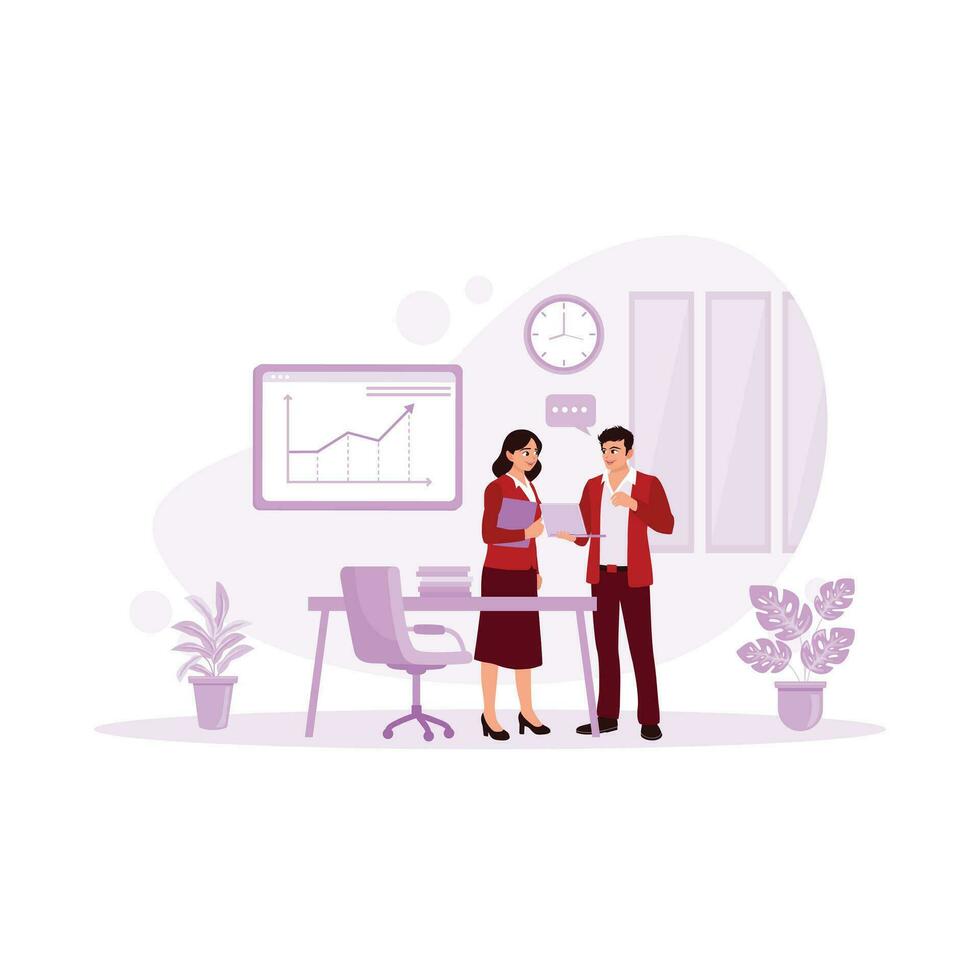 Diverse business people working in modern offices. They discuss business, finance and marketing projects using laptops. Office concept. Trend Modern vector flat illustration