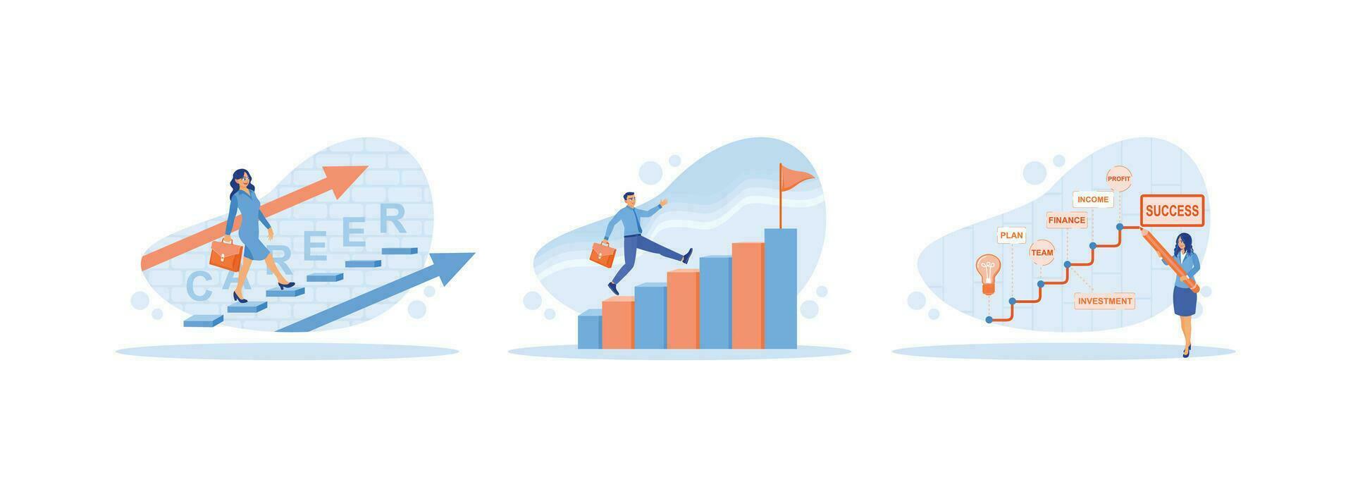 Climb the stairs while carrying a briefcase. Man climbs the chart ladder. Concept of development, growth and career success. Career Development Concept. Set Trend Modern vector flat illustration