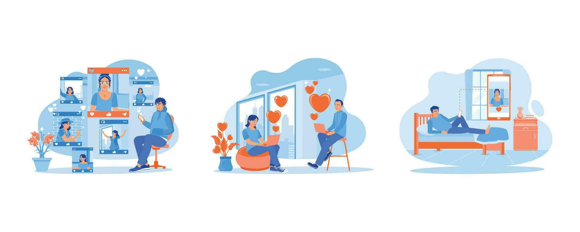 Online Dating concept. Visit online dating sites. Couples send love messages to each other. Man looking at a photo of girl. Set Trend Modern vector flat illustration