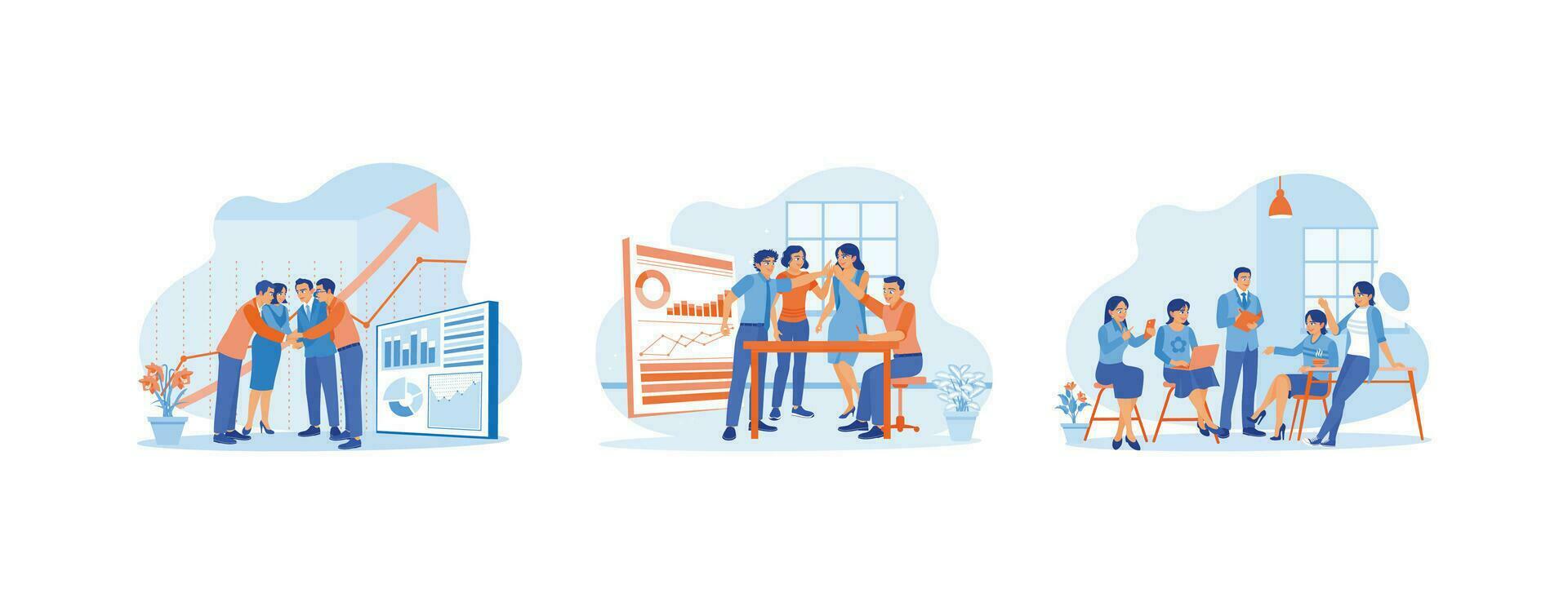 Business team standing in the office and holding each other's hands. High-five each other and encourage each other. vector