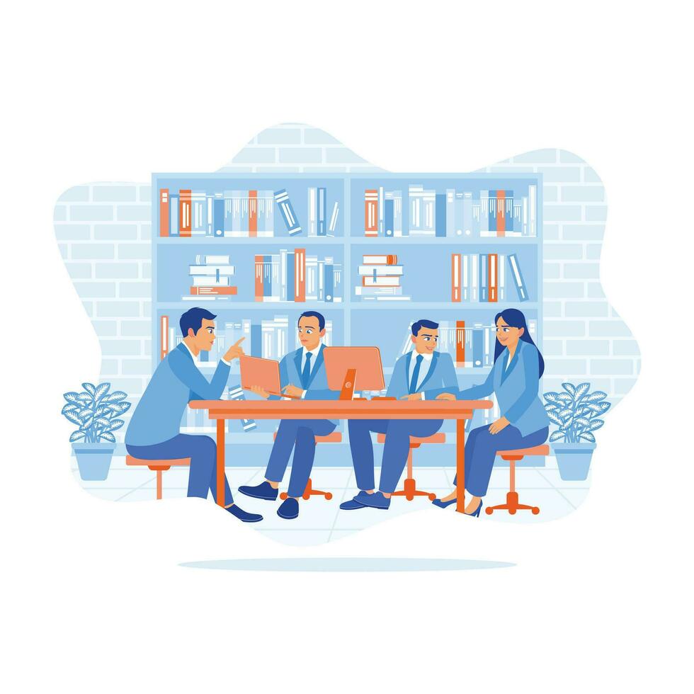 Group of businessmen sitting together in the office file warehouse. Exchange ideas and discuss during meetings. Discuss Information concept. trend modern vector flat illustration