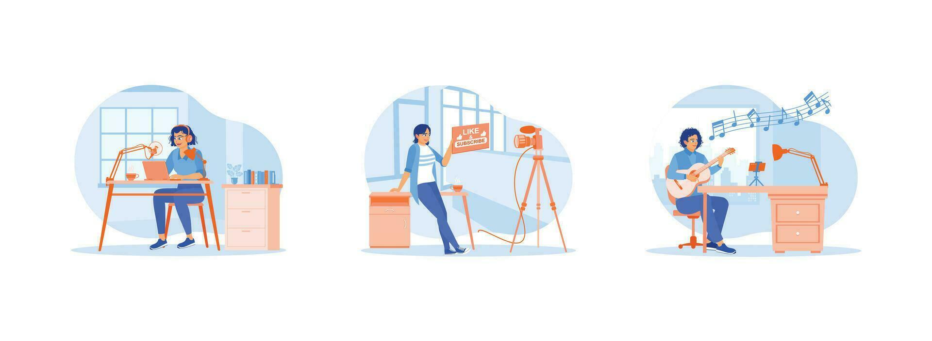 Content Creator concept. Female content creator hosting a podcast in the studio. Attract viewers to like and subscribe to the channel. They are editing film footage with a computer. vector