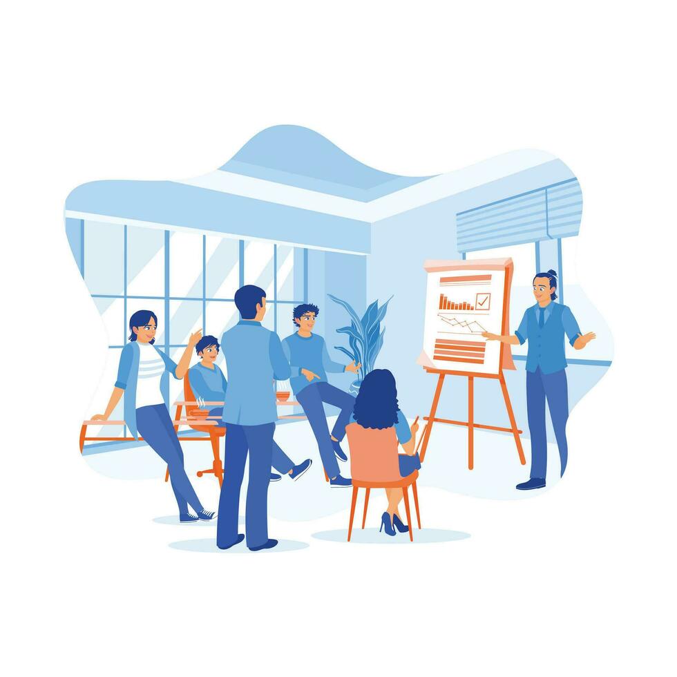 Confident young male boss making presentations to diverse employees. Leader doing a presentation on a flip chart board in the office. Briefings concept. trend modern vector flat illustration
