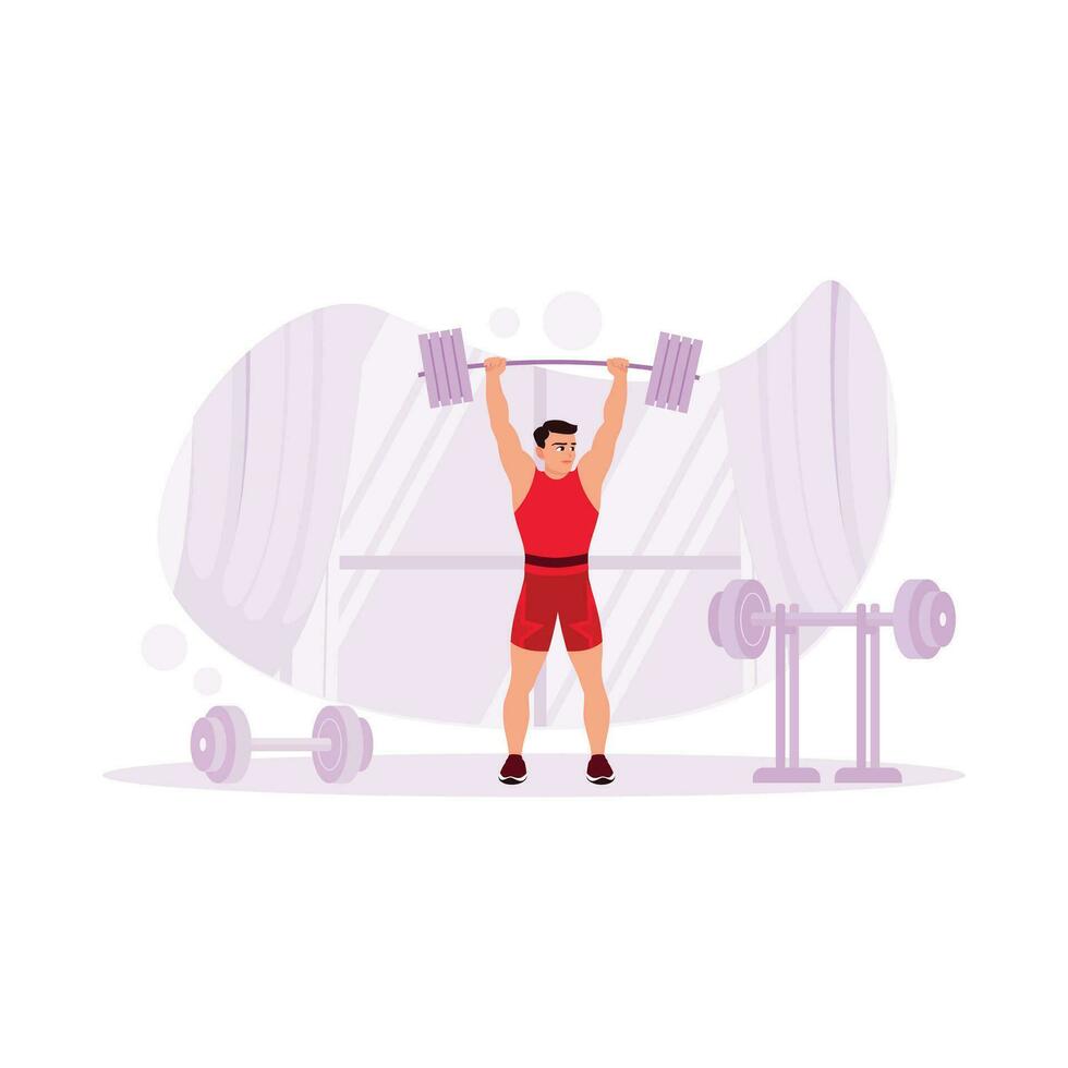 Strong and active weightlifter training in the modern sports hall. He lifted a heavy barbell with both hands above his head. Sports athlete concept. Trend Modern vector flat illustration