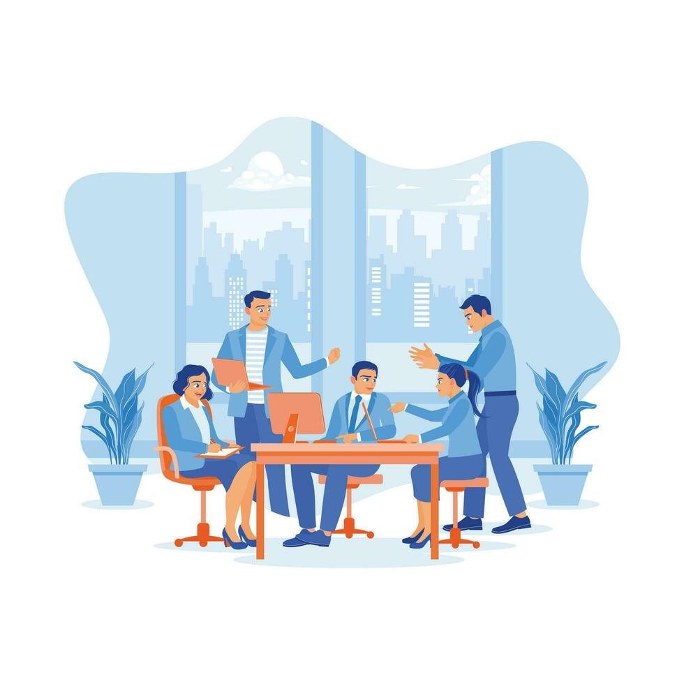 Five diverse company staff gathered together in a meeting room. Listen to briefings from company leaders and discuss during meetings. Briefings concept. trend modern vector flat illustration
