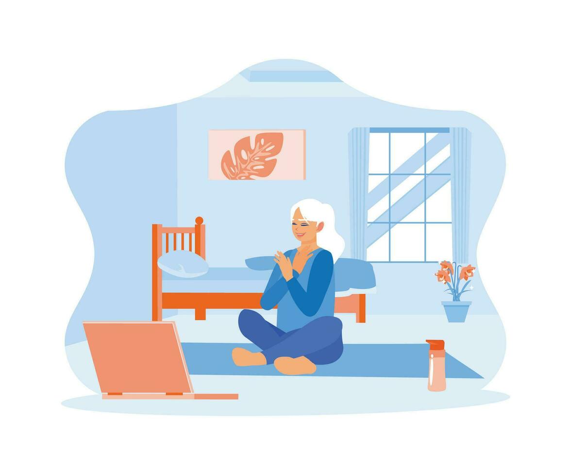 contento medio Envejecido mujer sentado cruzar patas en el piso. práctica yoga mientras acecho videos en un ordenador portátil. feliz, calma, pacífico niña concepto. tendencia moderno plano vector ilustración