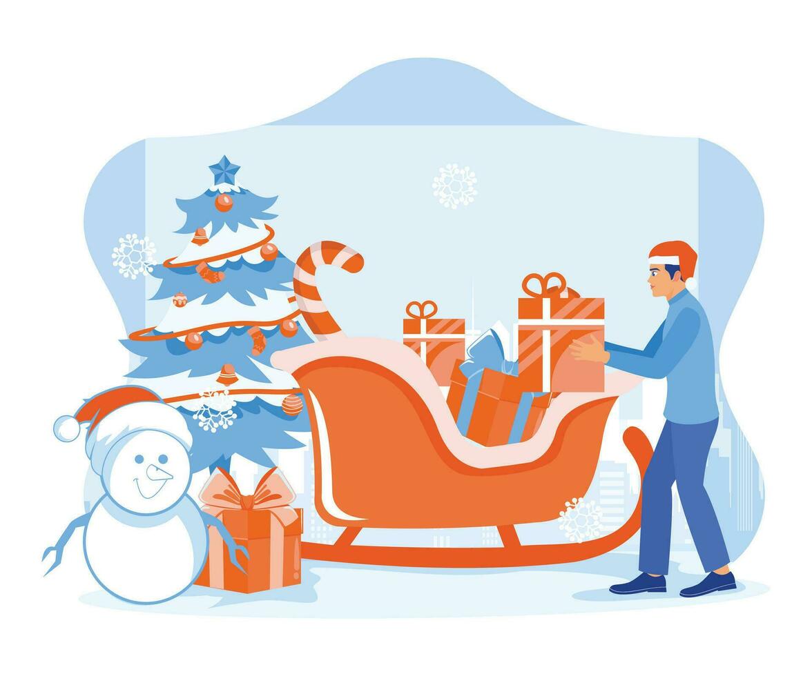 Adult men put Christmas gifts in Santa's sleigh. They decorated Christmas trees with stars, Christmas balls, and snowmen. Christmas Eve concept. Trend Modern vector flat illustration