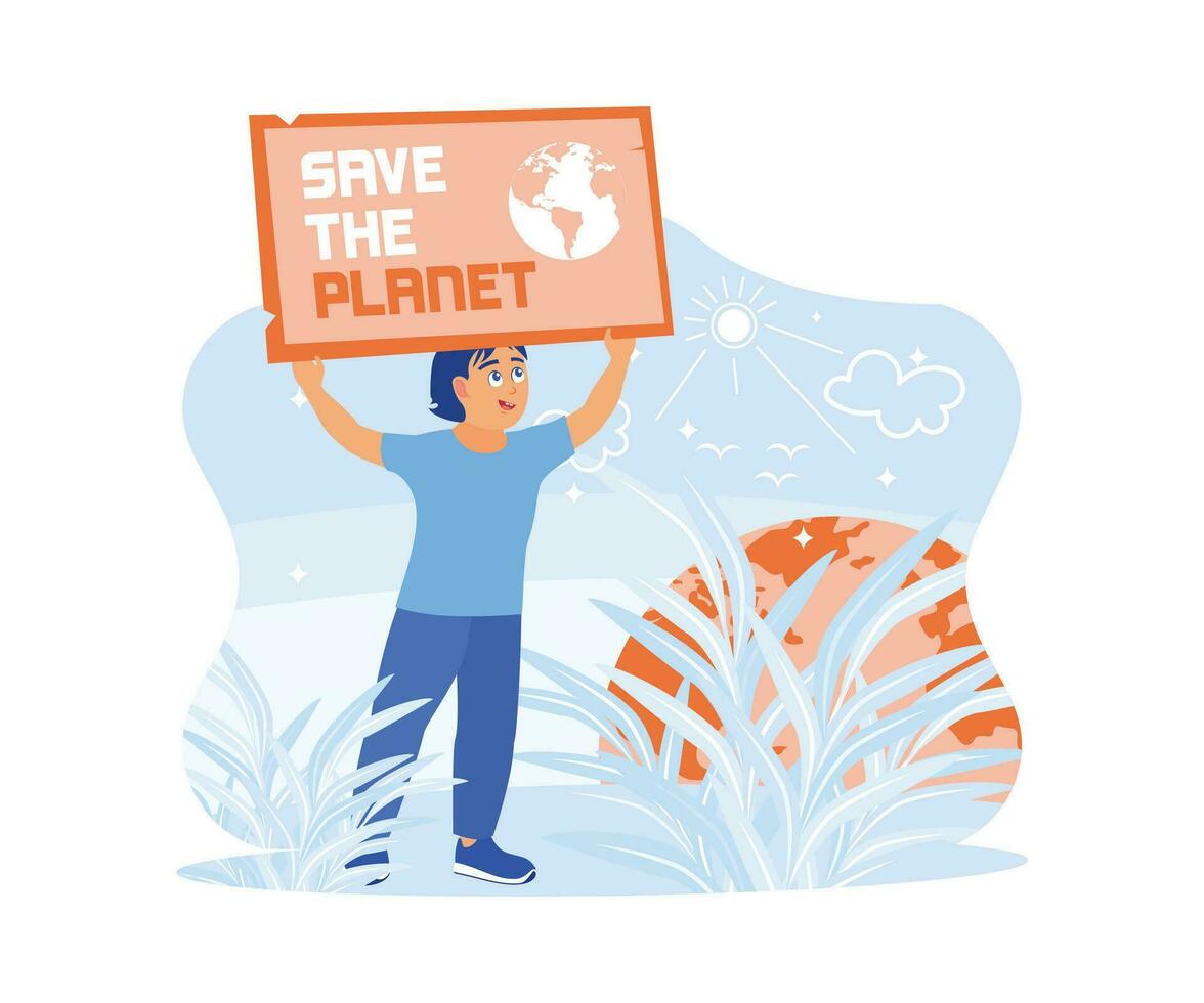 The boy is standing and holding an ecology poster outdoors and calling to protect the earth from waste pollution and saving the planet concept. Trend Modern vector flat illustration