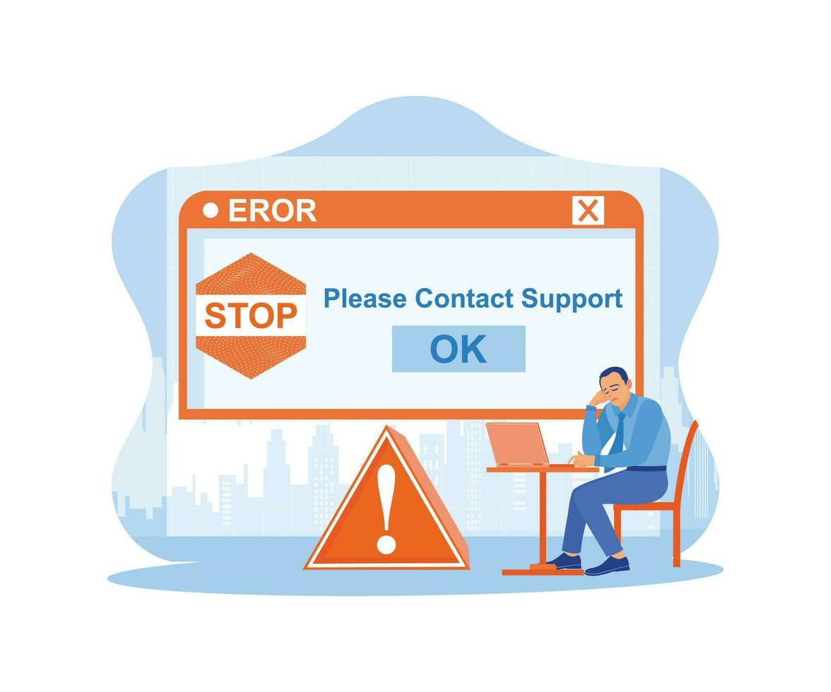 A businessman sitting in front of a laptop with a sad face. Windows errors. 404 error page concept. trend modern flat vector illustration