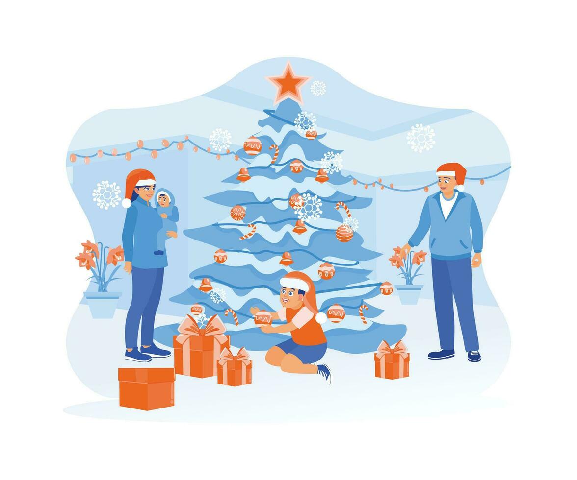Family wearing Santa hats. Decorate the Christmas tree and prepare gifts together at home. Christmas Eve concept. Trend Modern vector flat illustration