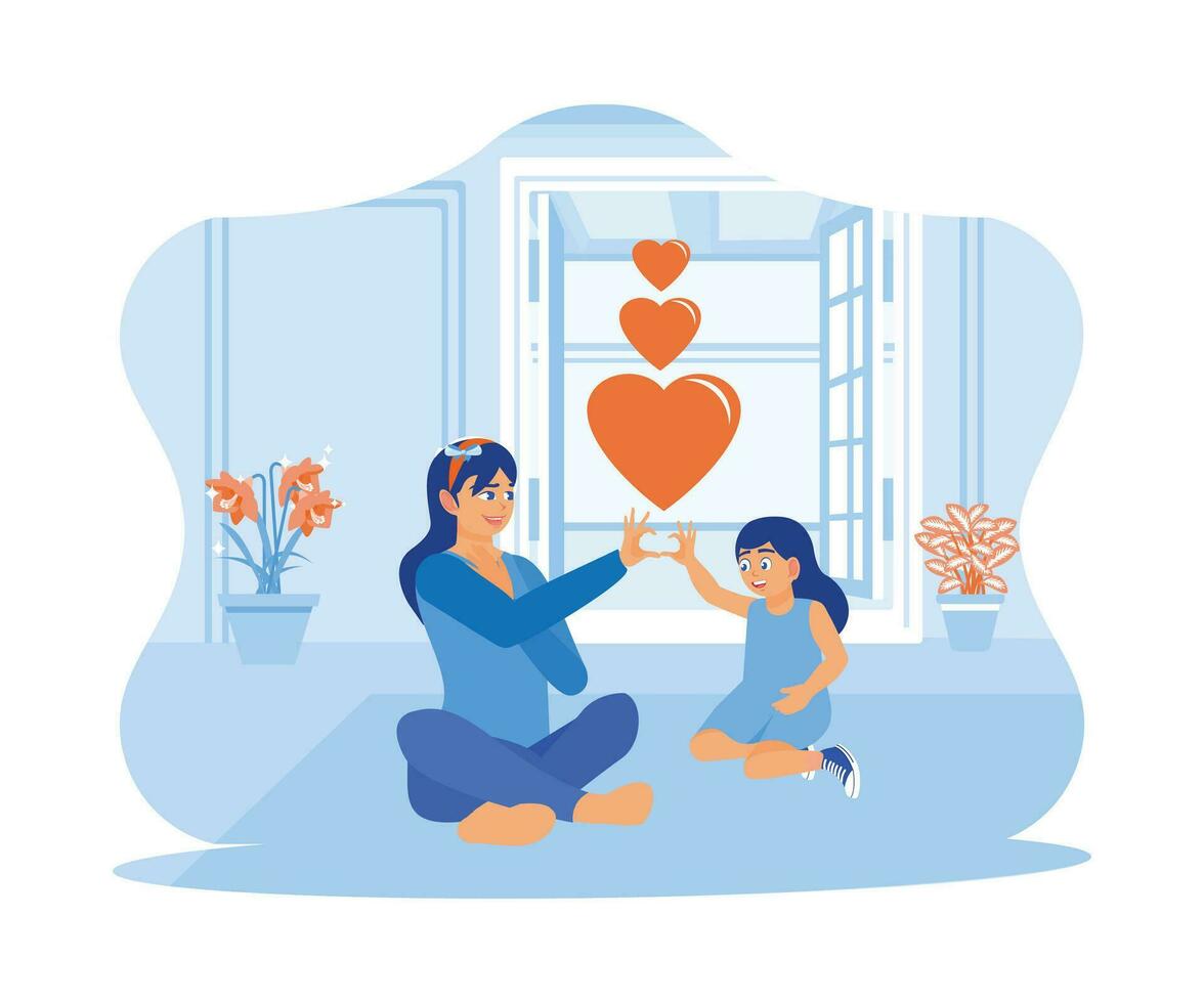 Young mother with her little daughter forming a heart sign. The mother and little girl are showing a love gesture together. Happy, calm, peaceful girl concept. trend modern flat vector illustration