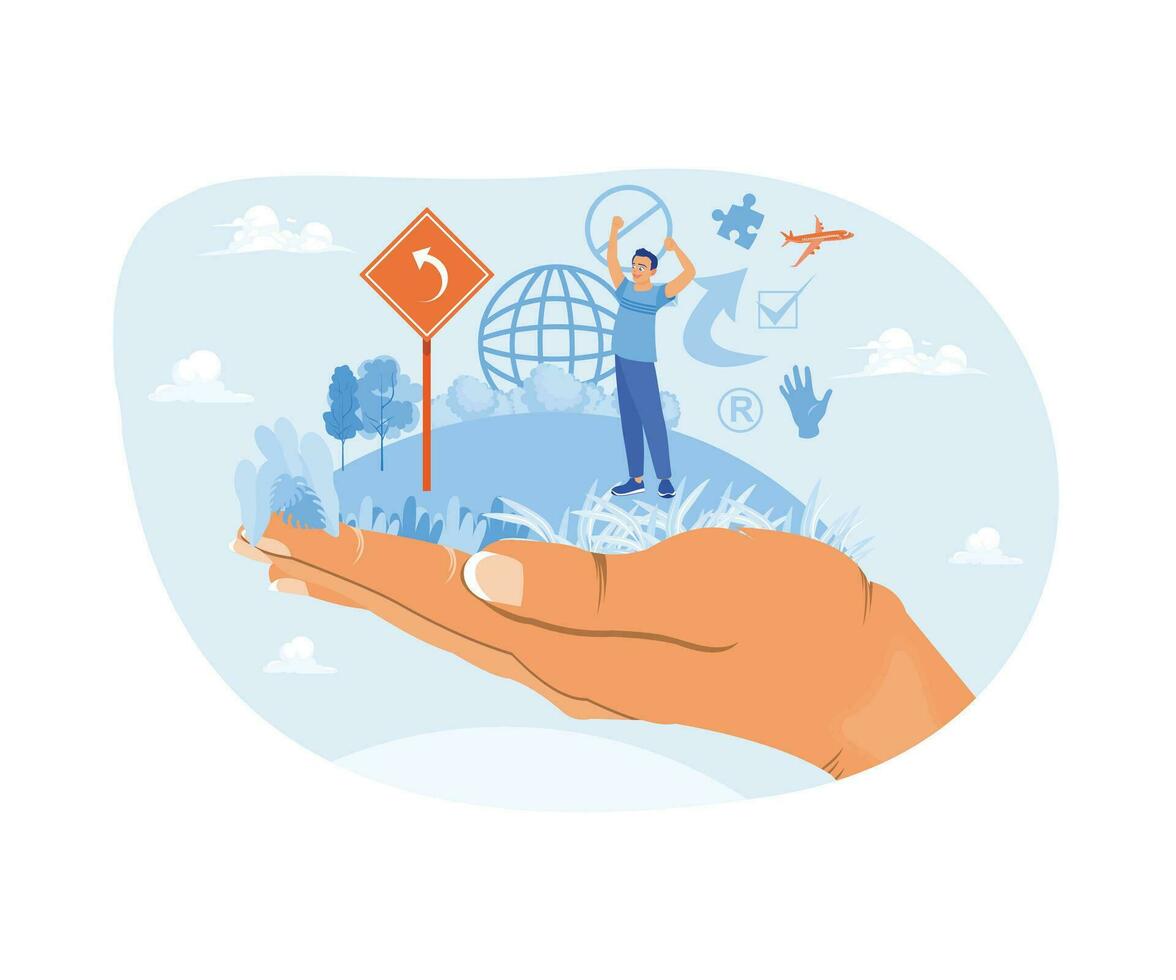 A big hand is holding a human with a green landscape. Eco friendly concept with globe. I am saving the planet concept. Trend Modern vector flat illustration