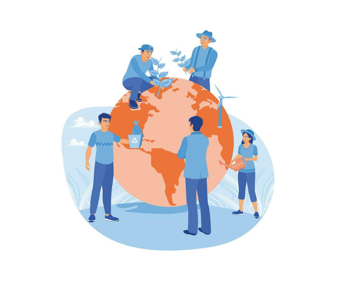 People are around the globe. Save the planet, protect, and care for the environment. I am saving the planet concept. Trend Modern vector flat illustration