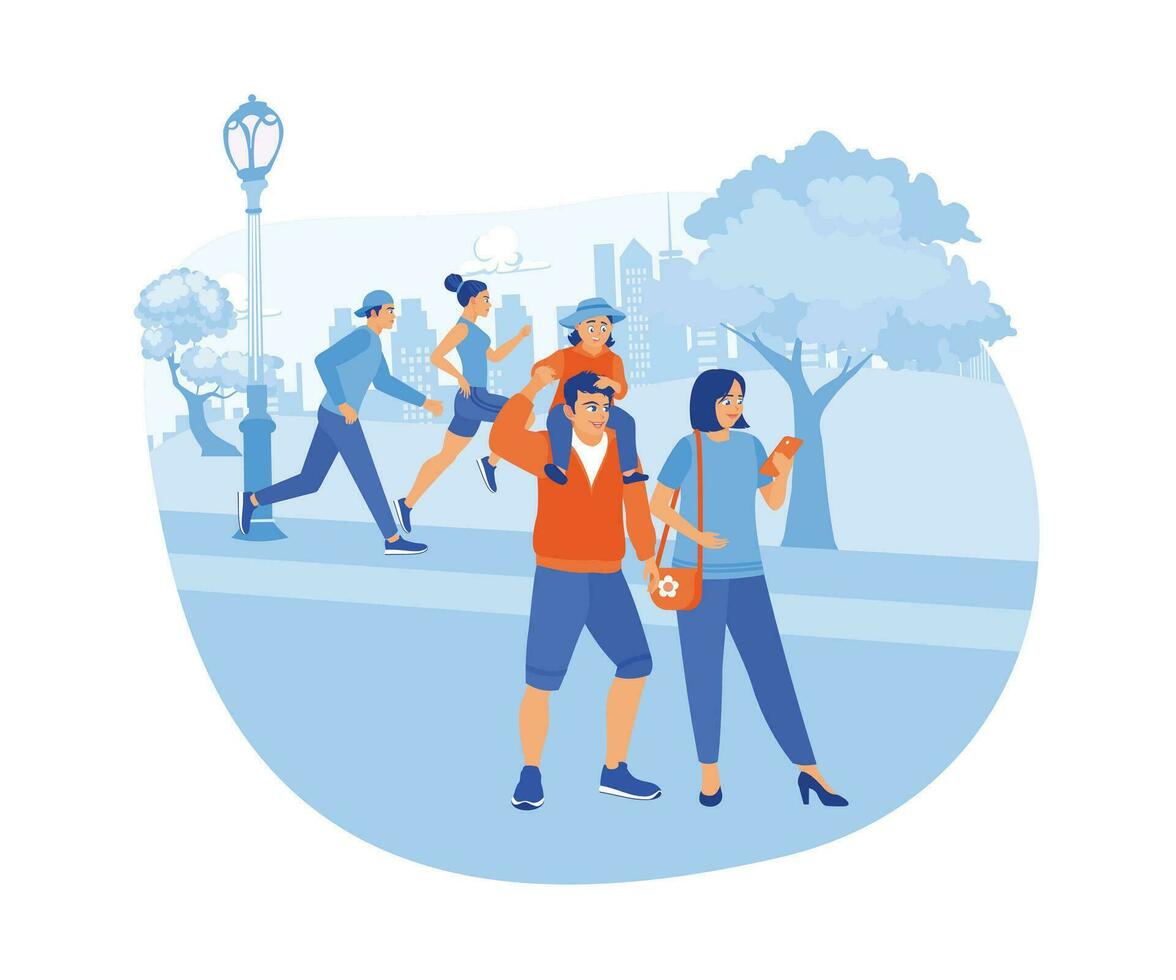 The family is taking a walk in the city park. They spent a weekend holiday together. Urban panorama with pedestrians concept. trend modern flat vector illustration