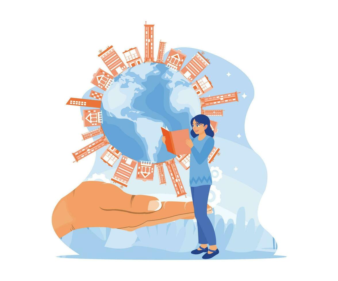 Young woman standing while reading a book. Big hand holding a globe complete of multi-storey buildings and saving the planet concept. Trend Modern vector flat illustration