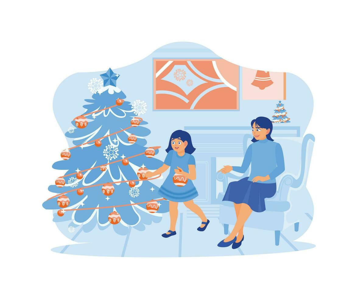 un joven madre y su pequeño hija Decorar el Navidad árbol juntos a hogar. familia colgando juguetes en un abeto árbol. familia compartiendo Navidad víspera concepto. tendencia moderno plano vector ilustración