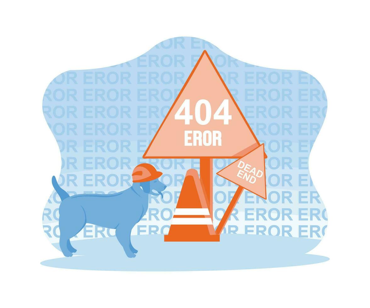 un perro vistiendo un la seguridad casco. en pie cerca el la seguridad cono y 404 error advertencia y muerto final firmar en de madera correo. 404 error página concepto. tendencia moderno plano vector ilustración