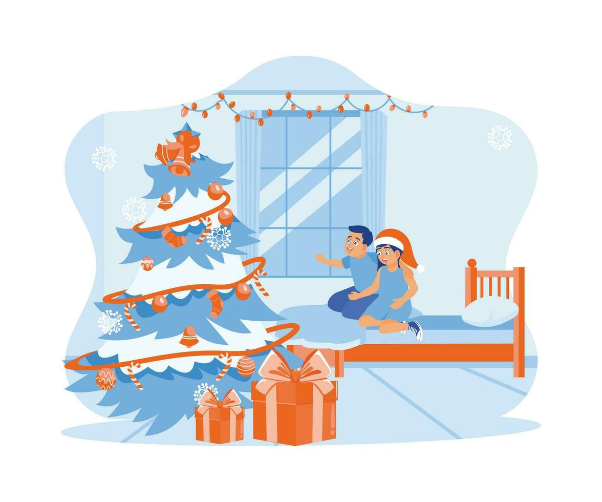 hermanos sentado en el cama mirando a el Navidad árbol. regalo cajas mentira debajo el Navidad árbol. Navidad víspera concepto. tendencia moderno vector plano ilustración