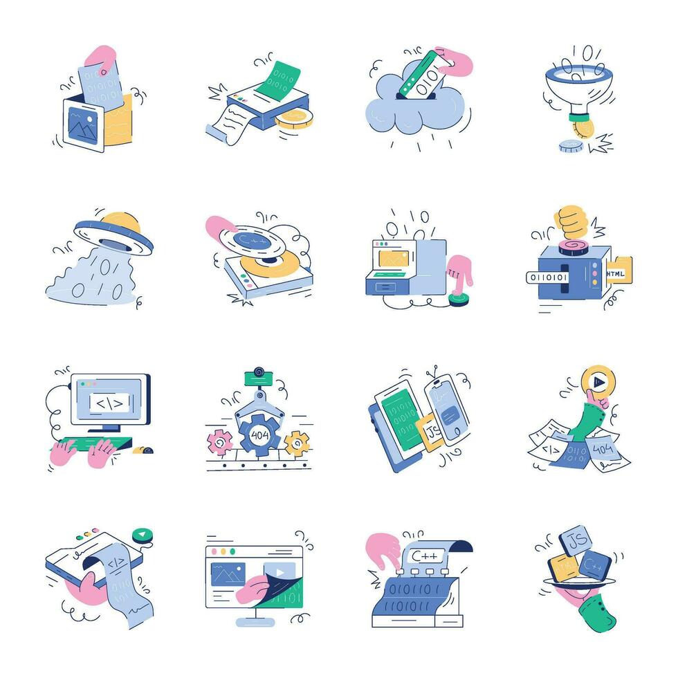 Set of Web Development Doodle Mini Illustrations vector