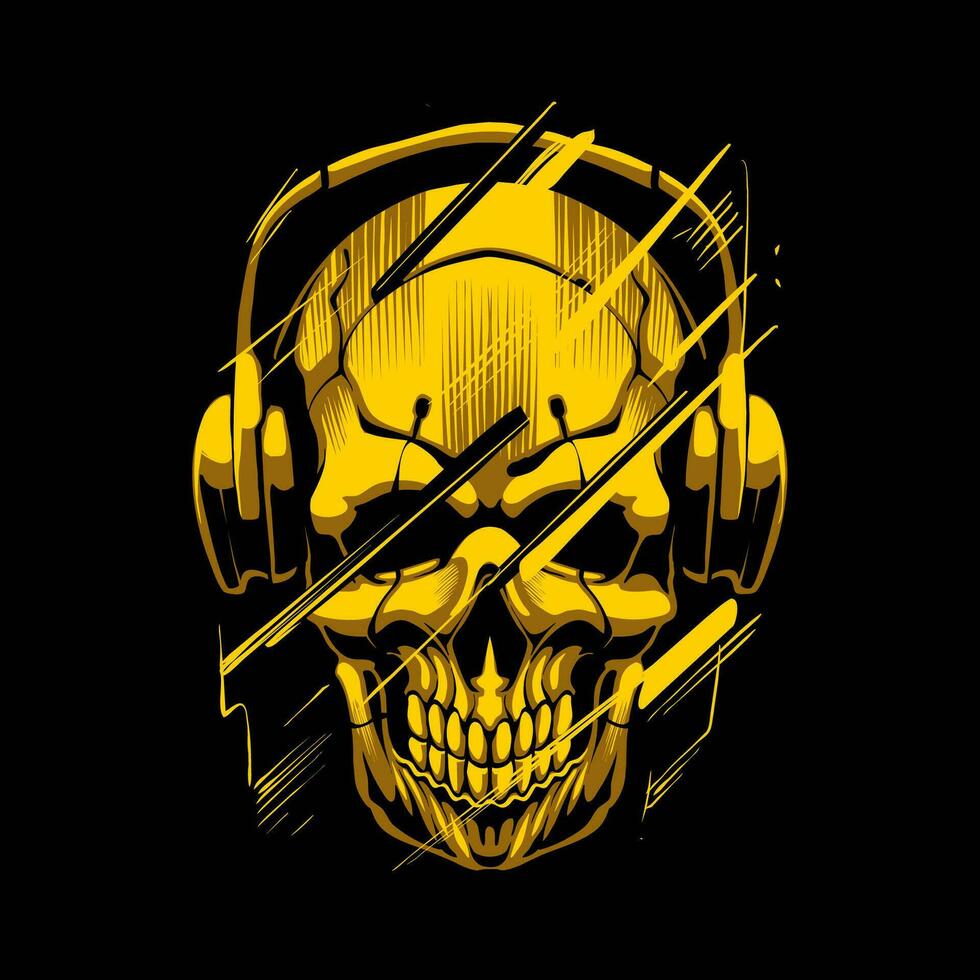 the yellow skull head with headphone illustration vector