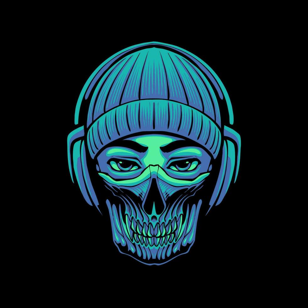 man with skull mask and headphone illustration vector