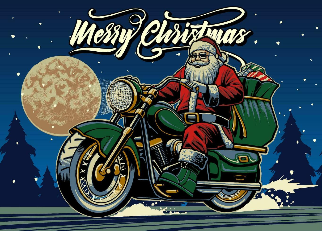 Papa Noel claus montando motocicleta ilustración vector