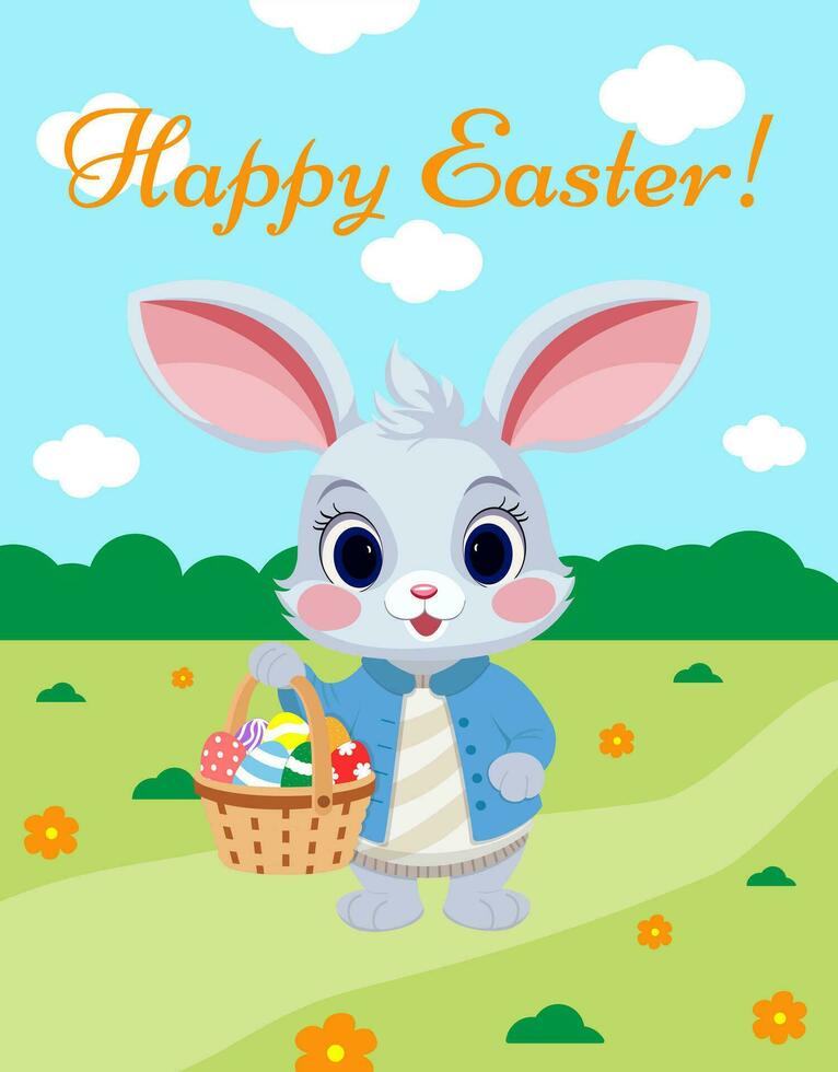 Vector illustration. Cute cartoon bunny with a basket of Easter eggs on a spring meadow with flowers in flat style. Template for a greeting card