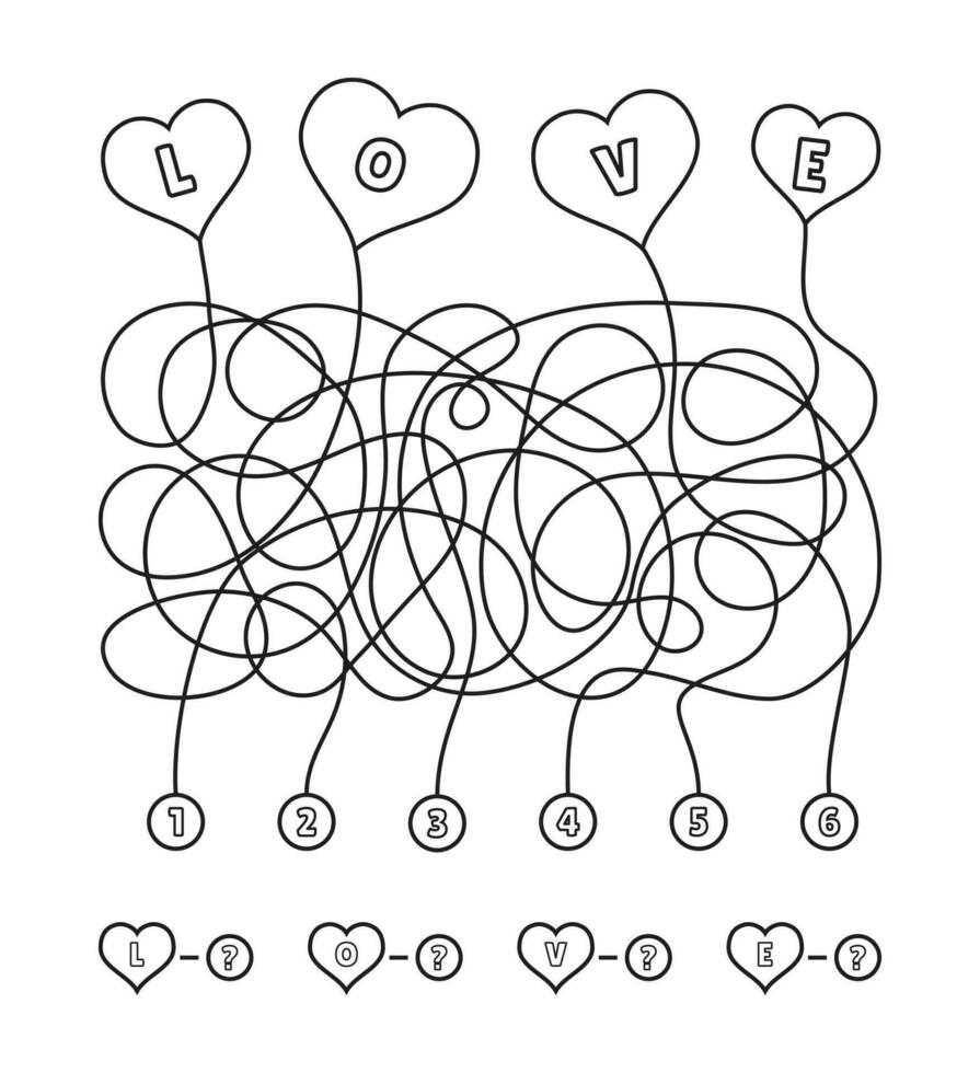 Valentine's day black and white vector maze for children. Romantic puzzle or coloring book on the theme of love. Help me untangle the balls.