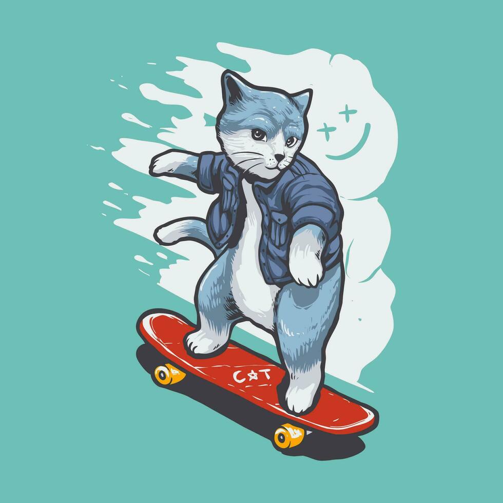 funny skateboarding cat vector illustration
