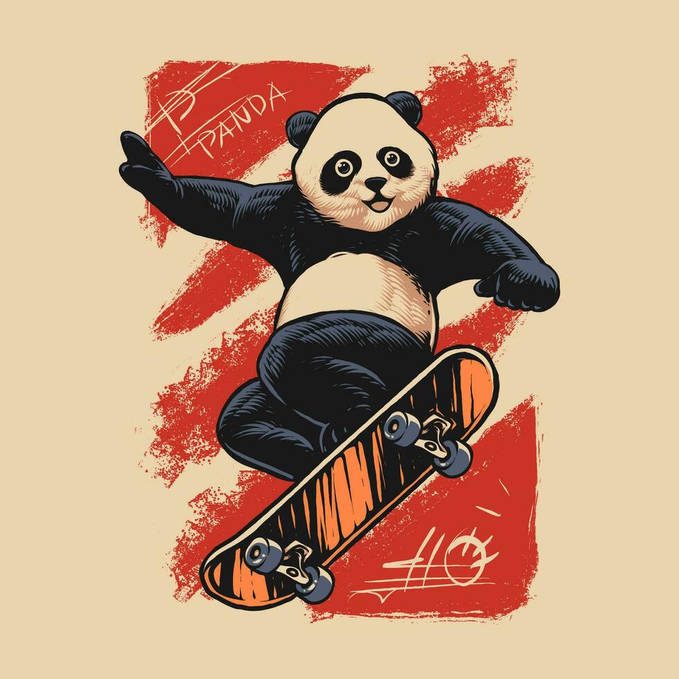 happy panda skateboarding illustration design vector