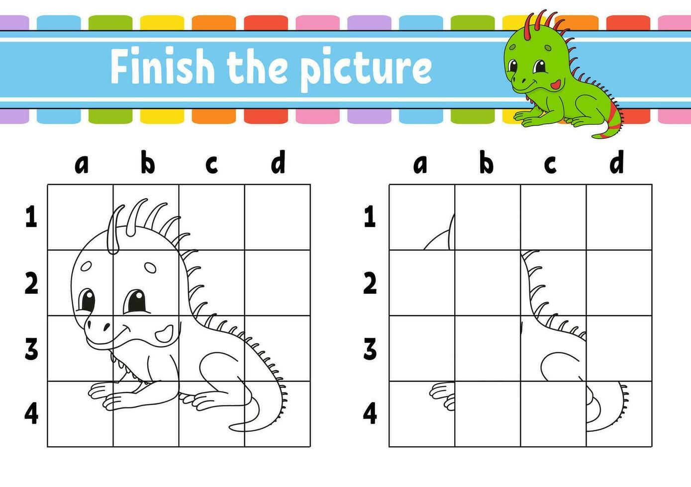 Finish the picture. Coloring book pages for kids. Education developing worksheet. Game for children. Handwriting practice. cartoon character. Vector illustration.