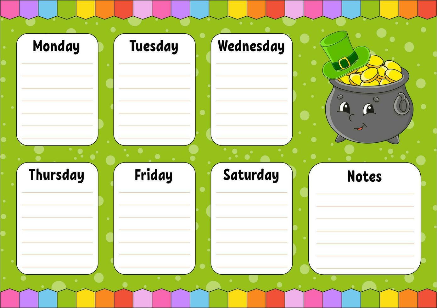 School schedule. Timetable for schoolboys. Empty template. Weekly planer with notes. cartoon character. Vector illustration.