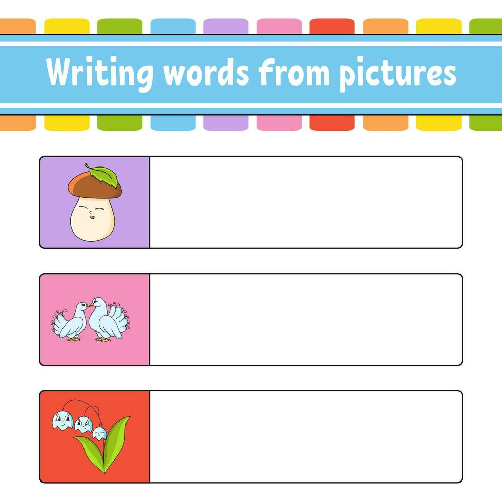 Writing words from pictures. Education developing worksheet. Activity page for kids. Puzzle for children. cartoon characters. Vector illustration.