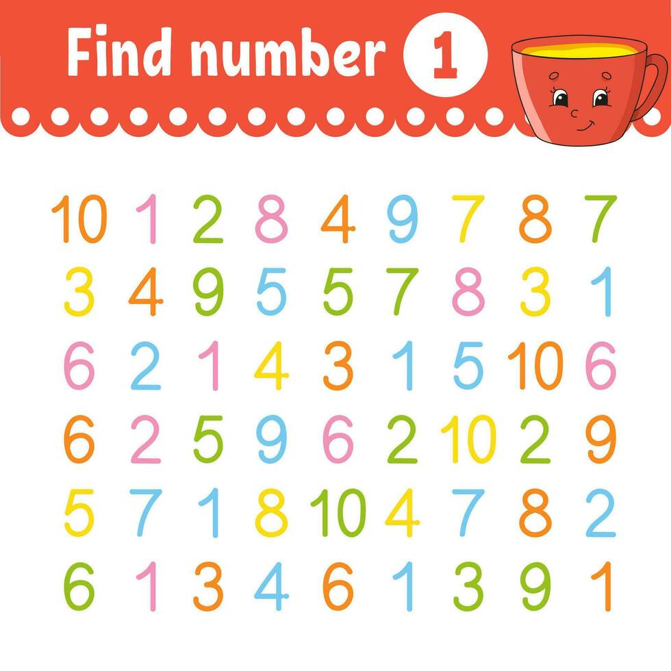 Find number. Education developing worksheet. Activity page with pictures. Game for children. Funny character. cartoon style. Vector illustration.