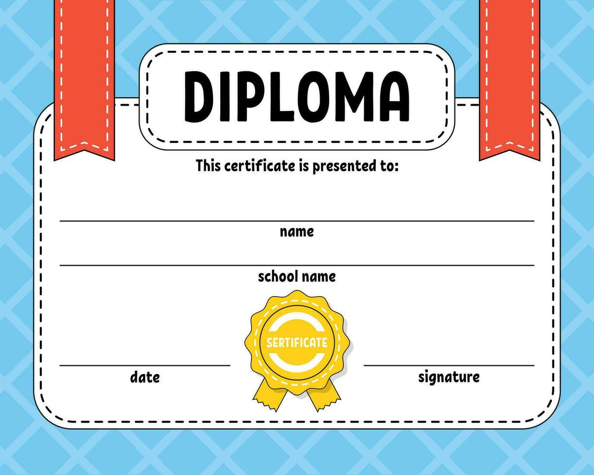 Diploma certificate template. For school and preschool. For kids and children. Vector illustration.