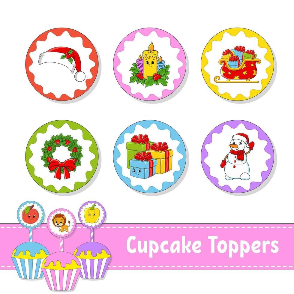 Cupcake Toppers. Set of six round pictures. cartoon characters. Cute image. For birthday, baby shower. Isolated on white background. Vector illustration.